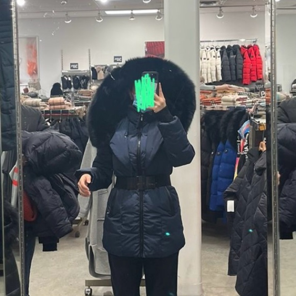 Navy Sokos -30°C long puffer with belt and removable natural black fox fur